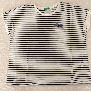 Benetton Girl T-Shit - White/Blu Stripes - Size 8/9ys